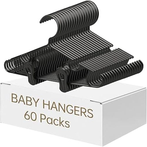 Nursery Baby Hangers with Clips, 20 Newborn Kids Plastic Clothes Hangers for Toddler Pants – with 40 Clips for Children's Clothes Packs(Black,60 Packs)