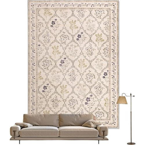 YIHOUSE 5x7 Washable Rug for Bedroom, Beige Floral Rugs for Living Room Non Slip Ultra-Thin Large Boho Rug for Kids Playroom, Classroom, Girls Dorm, Nursery, Beige Multi