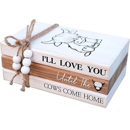 LIVDUCOT Highland Cow Wood Book Stacks Decor - Rustic Farmhouse Decorative Books Sign for Home Coffee Table Mantle Fireplace Shelf Decorations - I'll Love You Until the Cows Come Home 7.5x5x3'