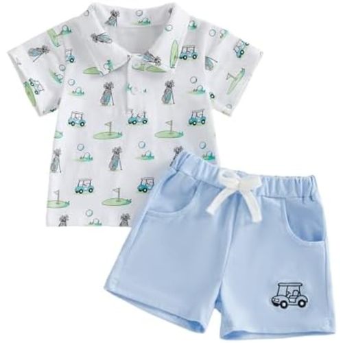 Madjtlqy Toddler Baby Boy Summer Outfit Short Sleeve Embroidered Printed Button Polo T-shirt Shorts Set 2Pcs Infant Clothes