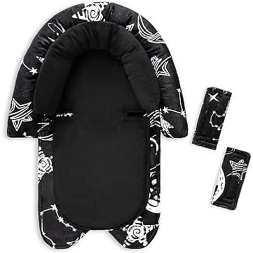 GFU Baby Car Seat Head Support for Newborn, 2 in 1 Infant Car Seat Head Body Support with Strap Pads, Soft Stroller Cushion Pillow Insert for Girls, Fits for Stroller, Swing, Black Star