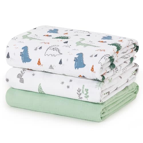 david's kids 3 Pack Baby Muslin Swaddle Blankets, 100% Cotton and Ultra Soft Breathable Receiving Blanket Wrap for Boys Girls, New Born Essentials, Large 47 x 47 inches, Dinosaur