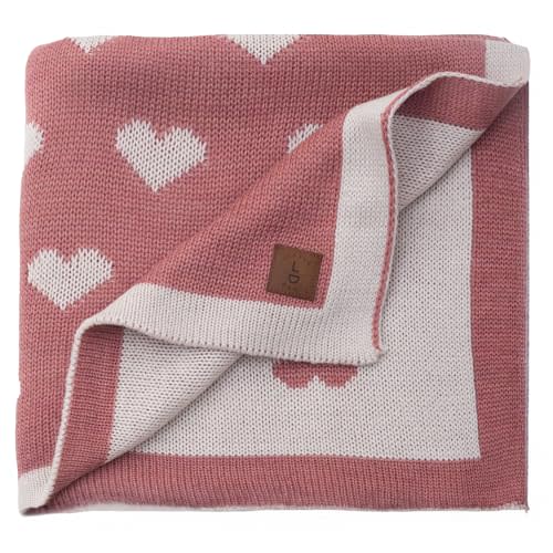 Little Dedi Baby Blanket 30x40 in – Soft, Reversible Acrylic Knit Blanket with Bow – Oeko-TEX Certified – Hearts - Antique Rose