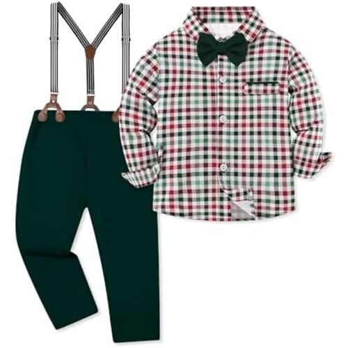 Toddler Baby Boy Clothes Suit 12M-7Y Boys Wedding Formal Outfit, Dress Shirt+Bowtie+Suspender Pants Gentleman Outfits