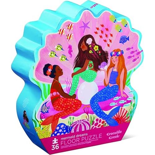 Crocodile Creek 36-Piece Jigsaw Floor Puzzle - Fun Floor Puzzles for Kids Ages 3-5 - Heavy-Duty Shaped Box for Storage - Mermaid Dreams - 24" W x 18" H Finished