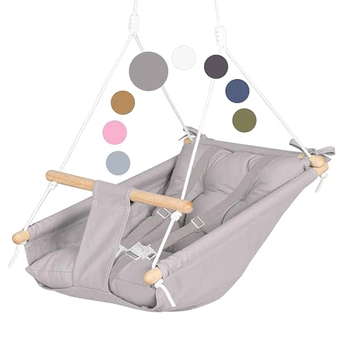 CaTeam Canvas Toddler Swing – Indoor/Outdoor Hanging Chair for Patio & Playroom with Safety Belt – Wooden Baby Seat for Ages 12+ Months – Taupe Gray