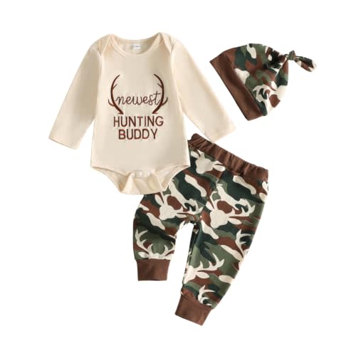 Newborn Baby Boy Outfits Deer Romper Pants Hunting Clothes Fall Winter | Long Sleeve Bodysuit, Crewneck Onesie, Pack My Diapers i’m Going Hunting With Daddy Letter Maple Leaf Jungle Print, 3pcs