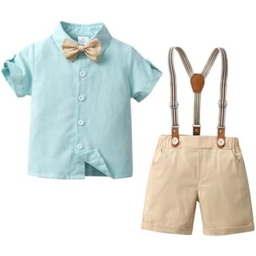 Baby Boys Gentleman Shorts Sets, Infant Outfits Suits, Shirt+Shorts+Bow Tie+Suspenders