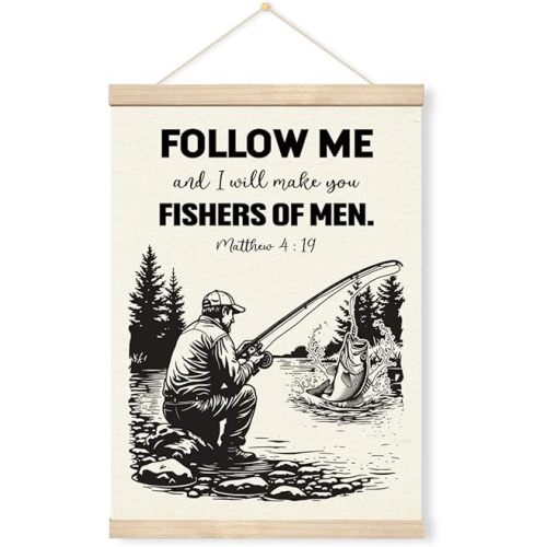 Christian Bible Verse Wall Art - Follow Me and Will Make You Fishers of Men, Christian Banner With Wooden Poster Hanger, Scriptures Fishing Canvas Poster Sign for Home Decor