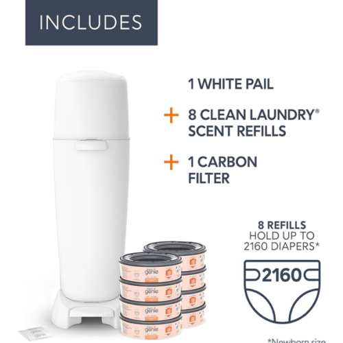 Diaper Genie Platinum Pail Gift Set, Lily White, Made of Durable Stainless Steel and Includes 2 Easy Roll Refills with 18 Bags and 30 Bags