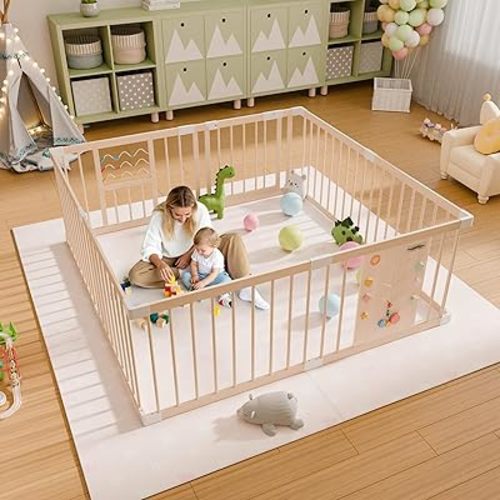 Large Foldable Wooden Baby Playpen Activity Center with Baby Fence Play Area & Toys for Infants, Adjustable Size & Shape Portable Play Yard, Play Pen Area Indoor 63x63x24 Inch