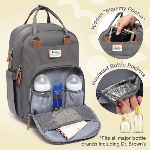 RUVALINO Diaper Bag Backpack, Large Capacity, Waterproof, Stylish, Maternity Travel Baby Changing Bag, Iron Gray