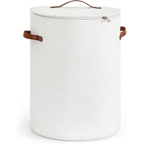 CHICVITA Tall Laundry Basket with Lid, White Clothes Laundry Hamper for Nursery, Cotton Rope Storage Basket for Clothes, Blankets, Toys, Laundry Bin, 15 x 20 inches