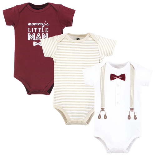 Hudson Baby Infant Boy Cotton Bodysuits, Burgundy Beige Suspender, 6-9 Months
