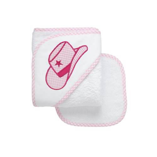 Cowgirl Hat Applique Hooded Towel & Washcloth Set, Pink