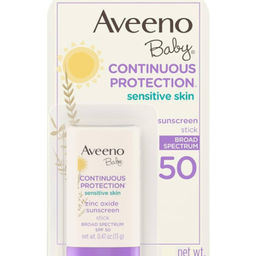 Aveeno Baby Continuous Protection Mineral Sunscreen Stick for Sensitive Skin with Broad Spectrum SPF 50 Protection for Face & Body, Naturally Sourced 100% Zinc Oxide, Travel Size, 0.47 oz