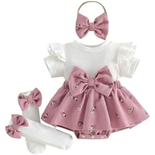 Giraropa Newborn Baby Girl Clothes Smocked Bubble Romper Dress + Socks + Headband Cute Spring Summer Baby Girl Clothes