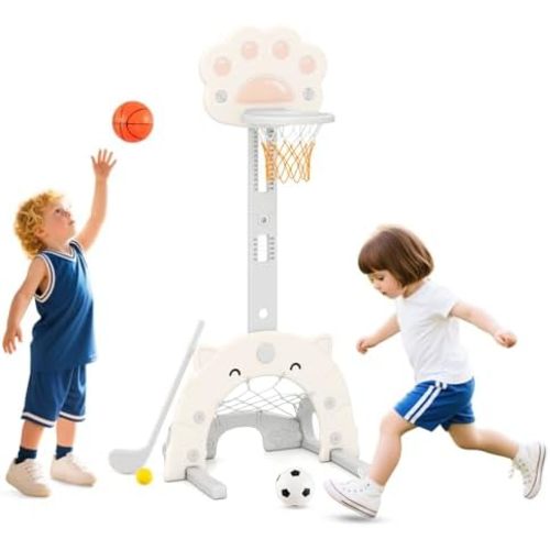Costzon 3 in 1 Toddler Basketball Hoop, Height Adjustable Kids Sports Center w/Foldable Basketball, Soccer & Golf Game, Indoor Outdoor Activity Playset w/Foldable Rim, Gift for Children Baby Infant