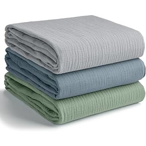 Comfy Cubs Muslin Swaddle Blankets Pack of 3, 42 x 42 Inch Soft 100% Cotton Baby Blanket Set, Large Wraps for Newborns - Self-Soothing Swaddles for Newborns - Heather Blue, Pacific Blue, Fern