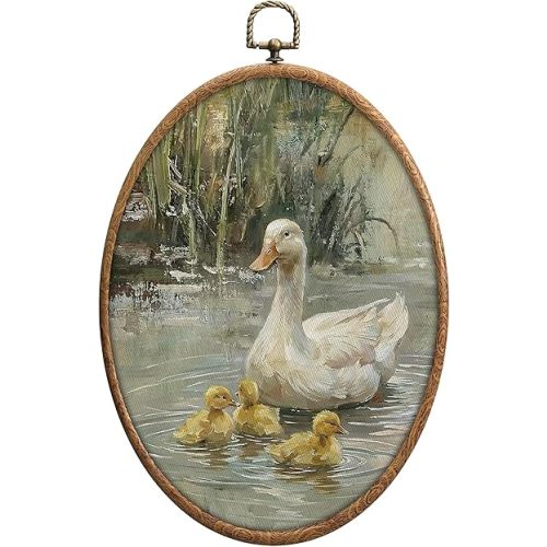 Vintage Spring Ducks Oval Wall Art, Nursery Mother Duck with Ducklings Cottage Core Wall Decor, Pond Cottage Core Home Decors, Waterproof Small Framed Art for Nursery Living Room Bedroom, 21