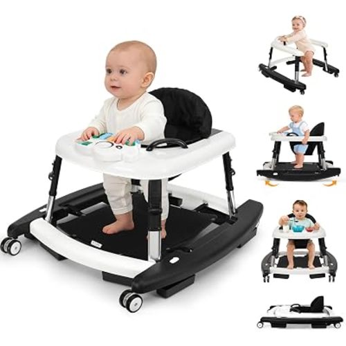 5-in-1 Baby Walker for Boys and Girls Music and Lights 6-18 Month, Foldable Baby Walkers with 5 Adjustable Heights, Infant Toddler Walker with Wheels and Combo Portable(Black)