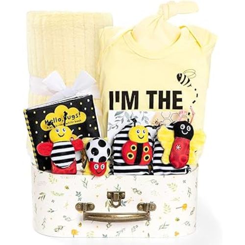 Baby Gift Set for Newborn, Bee Baby Shower Gifts Basket, High Contrast Baby Book Toys 0-6 Months Infant Rattle Socks Blanket Hat Onesie Baby Gifts Essentials for Girls Boys