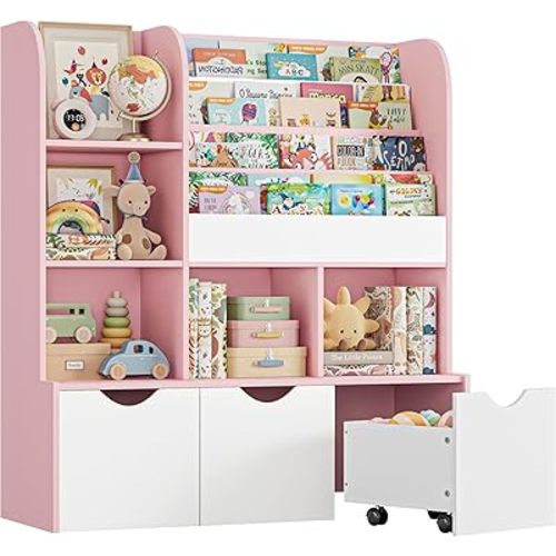 FOTOSOK 47'' Kids Bookcase and Bookshelf, Multifunctional Bookcase with 5 Storage Cubbies and 3 Movable Drawers, Toy Storager Display Stand, Toy Storage Organizer for Bedroom, Playroom, Hallway, Pink