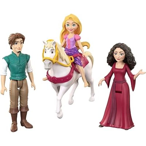 Mattel Disney Princess Toys, Small Doll 4-Pack with Rapunzel, Flynn Rider & Mother Gothel, Plus Maximus Horse w/Saddle, Inspired by Movie