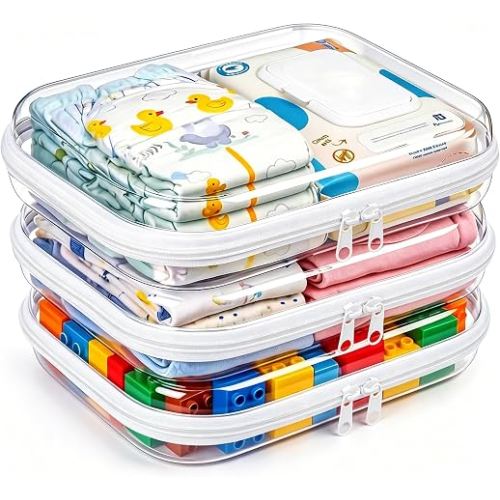 3 Pack Diaper Bag Organizer Pouches, Clear Hard Shell Zipper Cases for Travel, Makeup Bag, Toiletry Bag, Toy Storage Bins, Waterproof Storage Box for Pacifier Snacks Wipes Clothes Baby Essentials