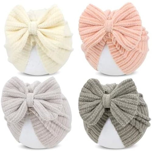 Cinaci 4 Pieces Baby Girls Turban Hats with Bow Newborn Hospital Caps Bonnets Beanies Headwraps for Infants Toddlers