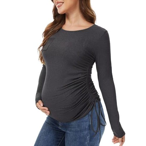 Fotociti Maternity Shirts Long Sleeve, Pregnancy Side Ruched Tops,Women’s Clothes for Mama Work Casual Yoga Wearing