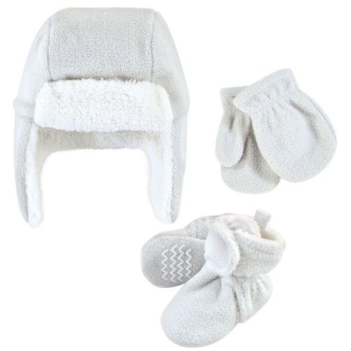 Hudson Baby Unisex Baby and Toddler Trapper Hat, Mitten and Bootie Set, Light Gray