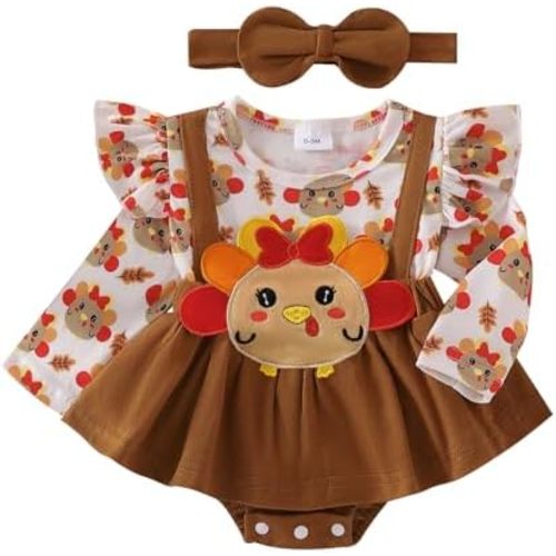 Newborn Baby Girl Thanksgiving Outfit Turkey Santa Claus Bodysuit Ruffle Romper Dress+Bow Headband