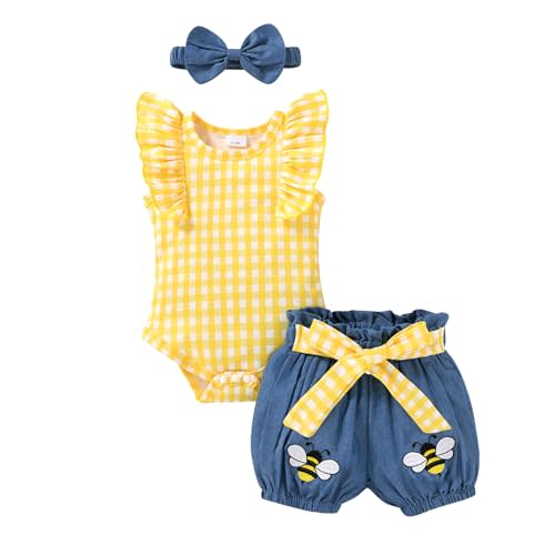 Baby Girl Clothes Infant Summer Outfits Set Ruffle Sleeve Romper and Floral Shorts with Headband