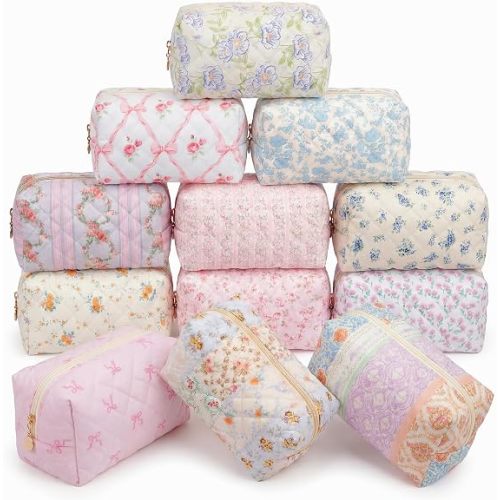 Qinyoung 12 Packs Quilted Makeup Bag Bulk Flower Theme Toiletry Cosmetic Pouch Aesthetic Makeup Organizer Travel Floral Emergency Bag with Zipper for Bridesmaid Gifts, Daily Use