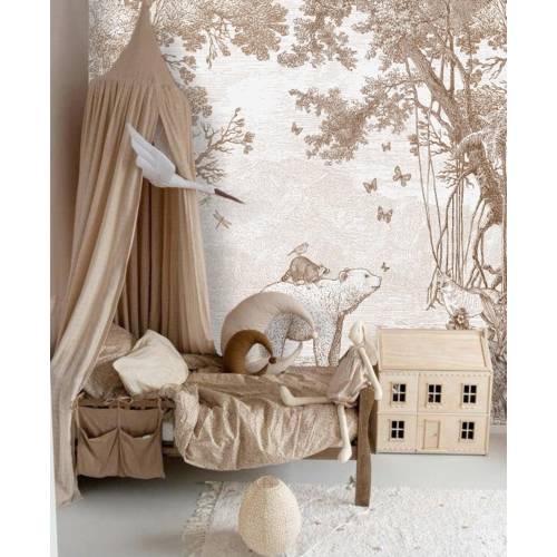 Forest Animals Wallpaper Brown, Removable Peel and Stick Prepasted, Woodland Creatures Nursery Decor, Vintage Wildlife Children Wall Mural