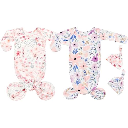 Newborn Baby Cotton Knotted Gown with Mittens Long Sleeve Sleeper Gown Nightgown Coming Home Outfit with Hat 2 Pieces