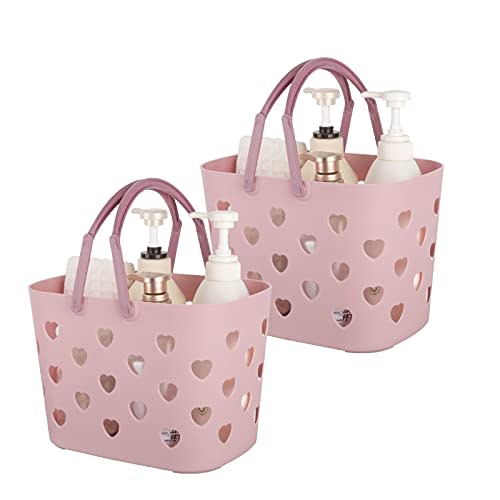 Anyoifax Portable Shower Caddy Tote Plastic Storage Basket with Handle Box Organizer Bin for Bathroom, College Dorm, Pantry, Kitchen, 2 Pack, Pink