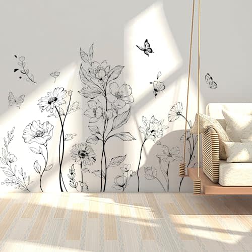 Runtoo Boho Black Flower Wall Decals Simple Wildflower Floral Wall Stickers for Girls Bedroom Nursery Home Decor