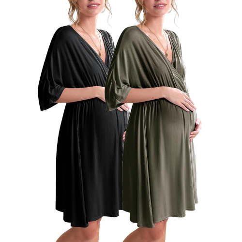 Ekouaer 3 in 1 Labor/Delivery/Hospital Gown Maternity Dress Nursing Nightgown Sleepwear for Breastfeeding 2 Pack