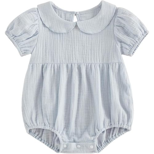 Baby Boy Girl Bubble Romper Solid Color Collar Bodysuit Infant Muslin Summer Clothes