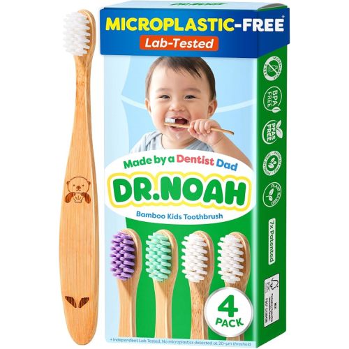 Dr. Noah Microplastic-Free Bamboo Baby Toothbrush, Dentist Designed, 4 Pack