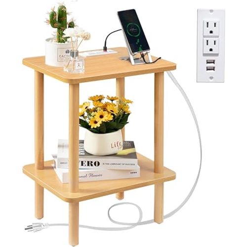 FORAOFUR End Table with Charging Station, Small Tables for Small Spaces in Living Room, Bedroom &Office, Nightstand Bedside Table with Solid Wood Legs, No Assembly Required