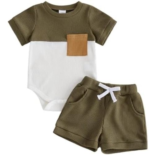 Newborn Baby Boy Summer Outfit Set Contrast Color Romper Tops With Elastic Waist Shorts Cute Infant Waffle Clothes