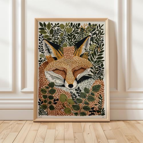 Fox Print, Woodland Animal Wall Art, Botanical Forest Poster, Cottagecore Room Decor, Sleeping Fox Nursery Art, Nature Gift