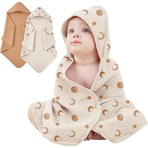 Susurration 2 Pack Thick Muslin Baby Towels, 100% Cotton Soft and Absorbent Baby Bath Hooded Towel for Newborn, Infant, Girls, Boys, Baby Essentials