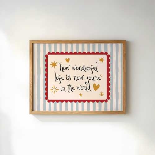 How Wonderful Life Is Nursery Print, Vintage Blue Striped Baby Room Wall Art, Handwritten Typography Playroom Quote Decor, Digital Download