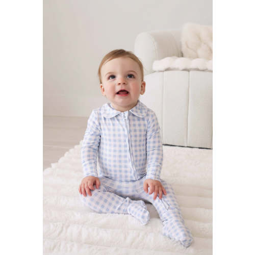 Peter Pan Collar Zipper Footie in Dusty Blue Gingham | Caden Lane