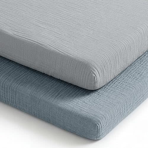 Comfy Cubs Muslin Cotton Bassinet Sheets 2 Pack, Pacific Blue and Heather – Soft, Breathable, 100% Muslin Bassinet Sheet, Gentle for Baby’s Sensitive Skin - Universal Fit, Beautiful Gift-Ready
