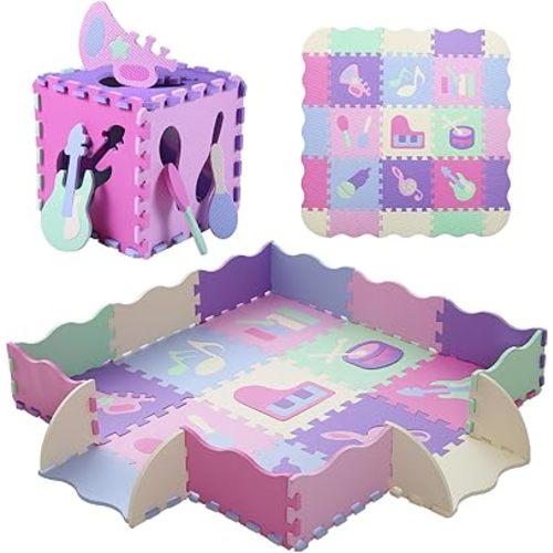 Foam Play Mat for Kids，25Pcs Square Interlocking Puzzle Floor Mat，Baby Play Mat Floor Mat Foam Puzzle Playmat for Toddlers with Fence（Musical Instrument-CSH016